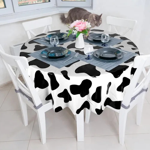 Vista 5 de Remagr Mantel redondo de plástico con estampado de vaca, 3 piezas, 84 pulgadas, desechable, con temática de vaca, para fiesta de cumpleaños