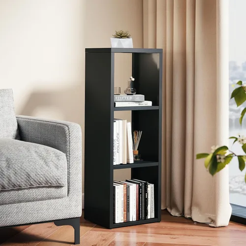 Vista 32 de Organizador de almacenamiento vertical de 2 cubos de metal, estantería corta negra con espalda abierta, estante de almacenamiento de cubo pequeño