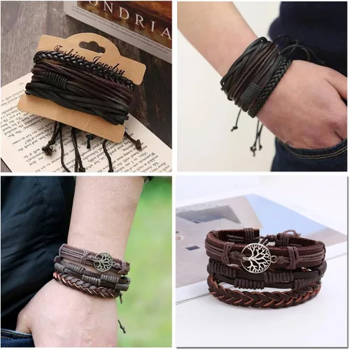 Vista 6 de MOZAKA 27 pulseras de cuero trenzado para hombres y mujeres, pulseras étnicas tribales, pulseras de cuero, pulseras tejidas para la amistad