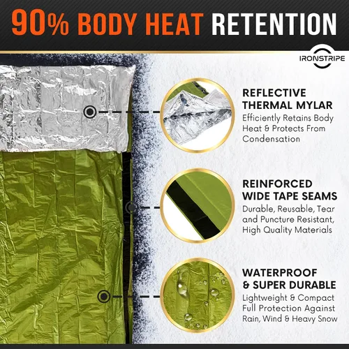 Vista 3 de Ironstripe Bivy Sack XL - Saco de dormir de supervivencia impermeable con silbato de emergencia, capucha integrada y Mylar térmico, resistente a