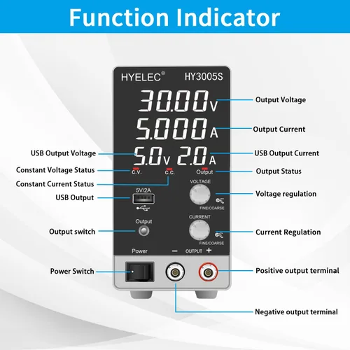 Vista 2 de Fuente de alimentación CC variable 30V 5A, Hyelec Fuente de alimentación regulada de conmutación ajustable con pantalla LED de 4 dígitos, ajustes