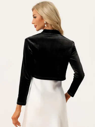 Vista 3 de Allegra K Bolero de terciopelo para mujer, de manga larga, con frente abierto, para cóctel, fiesta, bolero recortado