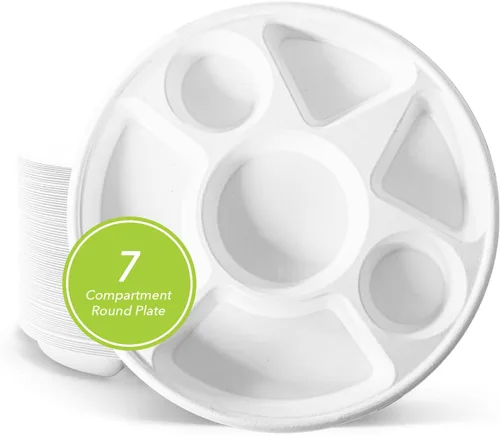 Vista 8 de three leaf platos redondos de bagazo de 10 pulgadas con 3 compartimentos, 25 unidades. Platos de bagazo desechables, 100 % biodegradables