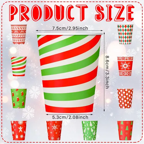 Vista 2 de Umigy 100 vasos de papel de Navidad a granel desechables de 9 onzas, tazas de café de chocolate caliente, medias de árbol de Navidad, pan