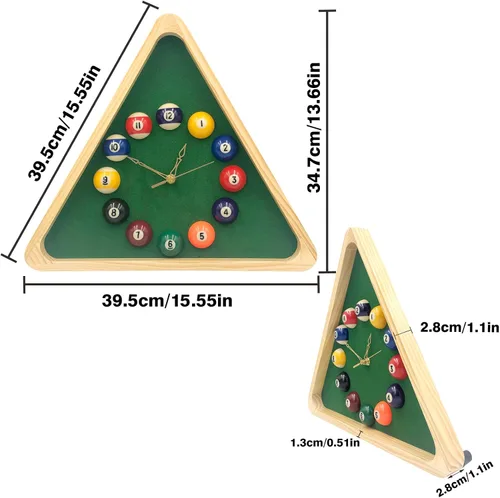 Vista 5 de Yuanhe Reloj de Bolas de Billar – Reloj de Pared Triangular de Mesa de Billar Genial de 14 Pulgadas con Marco de Madera Maciza, Ideal para Sala