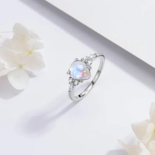 Vista 5 de Anillo de piedra lunar auténtica, anillo de plata de ley con piedra lunar arcoíris para mujer
