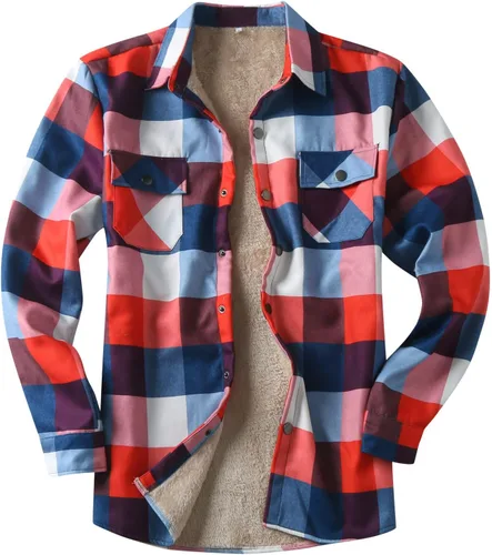 Vista 15 de Camisas casuales de franela de manga larga con botones y ajuste regular para hombre para otoño e invierno con forro polar