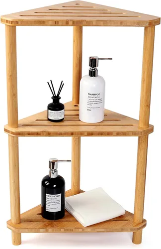 Vista 8 de Taburete de ducha de bambú de esquina, taburete de ducha impermeable de 2 niveles para dentro de la ducha, para afeitar las piernas, espacios