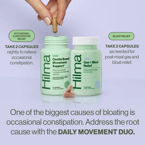 Vista 2 de Hilma Daily Movement Duo para el alivio del estreñimiento y la hinchazón en mujeres, Gas Plus para alivio de la hinchazón (50 cápsulas veganas)