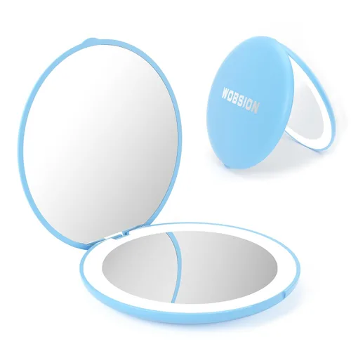 Vista 9 de WOBSION Espejo compacto de viaje, espejo de maquillaje LED portátil 1x/10x con aumento, espejo de bolsillo de 2 caras de mano, espejo pequeño