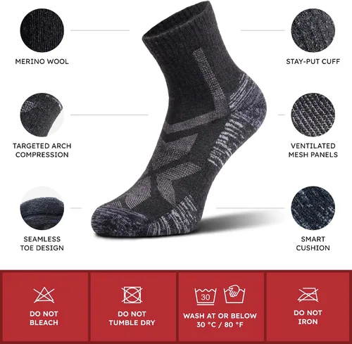 Vista 2 de NORDIC Socks Calcetines de senderismo ligeros de lana merino para hombres y mujeres, paquete de 5 unidades, corte bajo, unisex, antiampollas