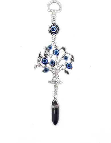 Vista 13 de LUCKBOOSTIUM Amuleto plateado con árbol de la vida con ojo malvado azul y piedra preciosa de cristal, dije para crecimiento, fuerza, protección