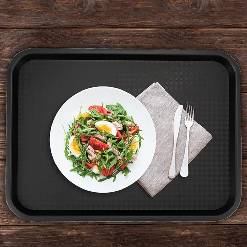 Vista 6 de Paquete de 10 bandejas de plástico negro para comida rápida, bandejas de plástico para cafeterías de 14 x 10 pulgadas con superficie texturizada