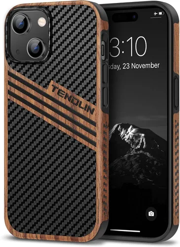 Vista 22 de TENDLIN Compatible con Funda para iPhone 15, Funda de Madera con Textura de Fibra de Carbono, Diseño Híbrido de Cuero Delgado (Negro)