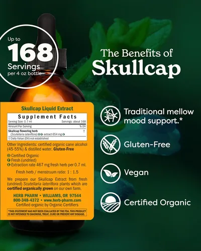 Vista 2 de Herb Pharm Extracto de hierbas líquido Skullcap: hierba tradicional relajante Skullcap. Apoyo tradicional para la mente tranquila, sin OMG, sin