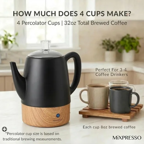 Vista 6 de Mixpresso - Cafetera eléctrica pequeña, acero inoxidable, 4 tazas Coffee percolator electric keep warm function, removable basket, classic