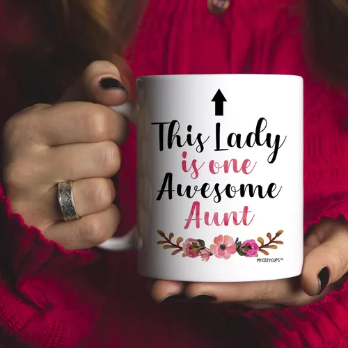 Vista 5 de Taza de café This Lady Is One Awesome Aunt – Taza de 11 oz para tía – Taza para cumpleaños, Navidad, Día de la Madre de sobrina, sobrino, familia