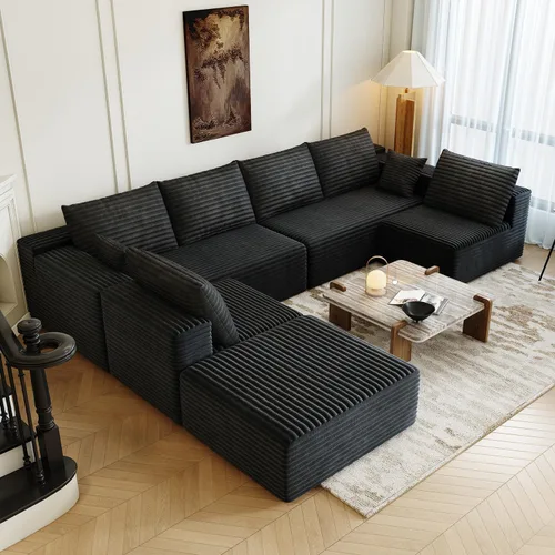 Vista 27 de Sofá modular modular de 139.4 pulgadas, sofás minimalistas en forma de L con diván de asiento medio, moderno sofá convertible de asiento profundo
