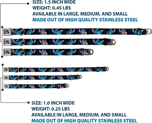 Vista 3 de Buckle-Down Collar de perro con hebilla de cinturón de seguridad, Poses de refrigerio de puntada, negro/azul, 1 pulgada de ancho, se adapta a cuello