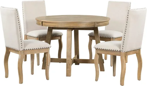 Vista 7 de Quarte Juego de mesa de comedor de granja de 5 piezas, mesa de comedor redonda extensible de madera y 4 sillas de comedor tapizadas