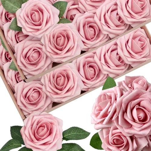 Vista 28 de 25 piezas Flores Artificiales de Espuma Rosas Falsas con Tallos 8 Hojas Rosas Sintéticas de Aspecto Real para Ramos de Boda Centros de Mesa de Negro
