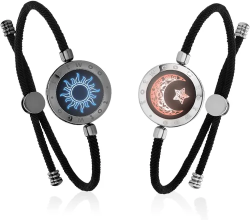 Vista 13 de TOTWOO Sun and Moon Long Distance Touch Bracelets for Couples Negro y oro rosa