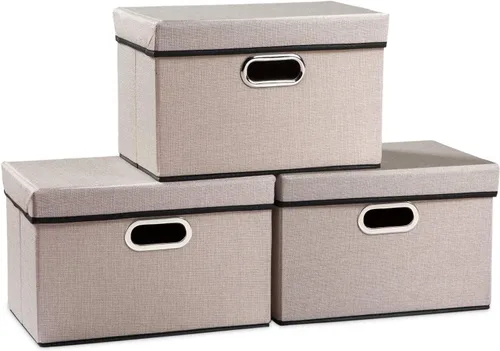 Vista 21 de PRANDOM Contenedores de almacenamiento con tapas [paquete de 3] cajas de almacenamiento plegables de tela de lino, canastas organizadoras, cubos