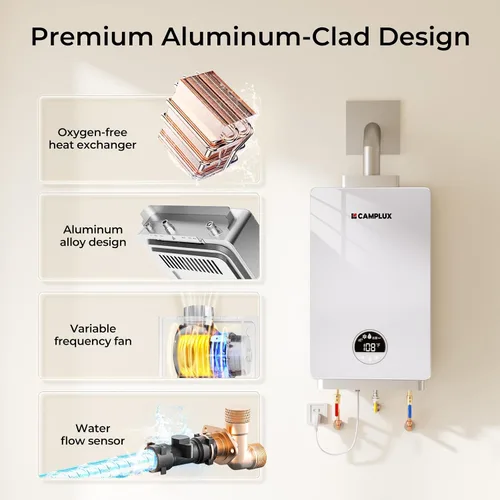 Vista 6 de CAMPLUX - Calentador de agua sin tanque de propano de 82,000 BTU, sistema de agua caliente instantánea de 3.18 GPM para toda la casa, uso de 2 a 3