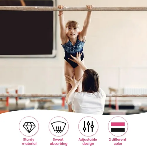 Vista 5 de Juego de 2 pares de guantes de gimnasia para bares y niñas, juegos de muñequeras de gimnasia rosa y negro con muñequeras para barra de gimnasia