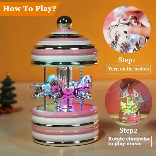 Vista 5 de Caja de Música de Carrusel Envuelta para Regalo, Carrusel Musical de Cerámica con Luces que Cambian de Color, Cajas de Música para Niñas, Niños