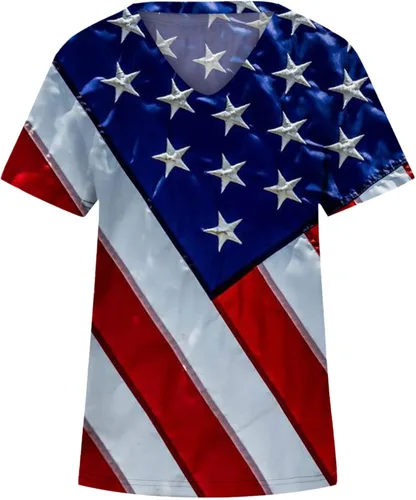 Vista 4 de DOLKFU Blusa de manga corta para mujer del 4 de julio, camiseta de bandera estadounidense, cuello en V, patriótica con estrellas y rayas