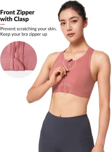 Vista 4 de Yvette Sujetadores deportivos de alto impacto para mujer, con cremallera frontal, brasier deportivo de talla grande para entrenamiento, fitness