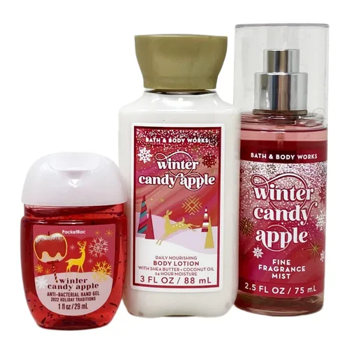 Vista 2 de Bath & Body Works Winter Candy Apple - Juego de bolsas de regalo de viaje, fragancia fina, loción corporal nutritiva diaria, gel de manos
