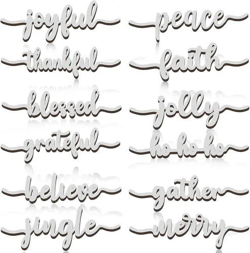 Vista 12 de 12 piezas de letreros de madera con palabras navideñas recortadas "Joyful Merry Thankful Grateful Blessed Peace Gather" para decoración de plato
