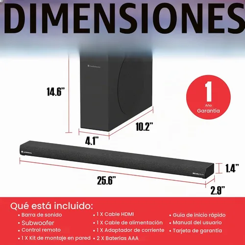 Vista 7 de Audiosource - Barra de sonido 2.1, subwoofer inalámbrico con Dolby Atmos, 120 W RMS y salida máxima de 240 W, diseño compacto, transmisión Bluetooth