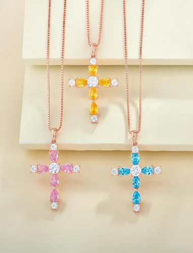 Vista 26 de YL Collar de cruz de plata de ley 925 con colgante de piedra natal religiosa para mujer