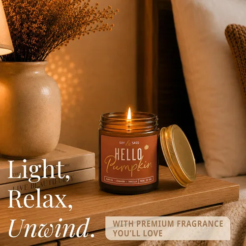 Vista 6 de Vela de especias de calabaza, velas de otoño, vela de calabaza 'Hello Pumpkin', velas de soja perfumadas de otoño para el hogar, velas perfumadas