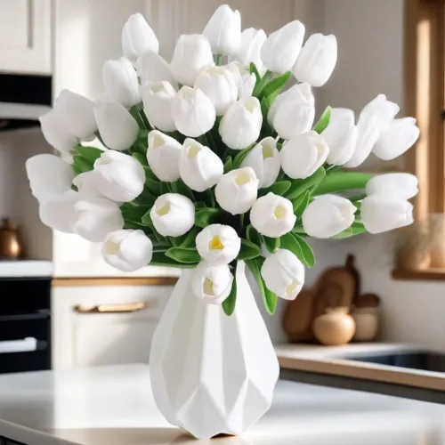 Vista 6 de Tulipanes artificiales de 12 piezas, de tacto real, tulipanes falsos de poliuretano, arreglo floral en ramo para decoración de fiesta en el hogar