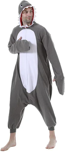 Vista 3 de EraSpooky Pijama de tiburón para adultos, disfraz de animales de una pieza con capucha, unisex