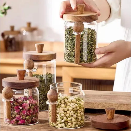 Vista 4 de ANSQU Tarro de vidrio con tapa y cuchara de madera, recipientes de almacenamiento de alimentos, tarro de café, recipiente de almacenamiento