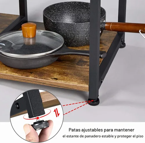Vista 6 de Yaheetech - Estante de cocina para hornear de 4 niveles, carrito con soporte para microondas y barra de café con cesta de alambre y 6 ganchos