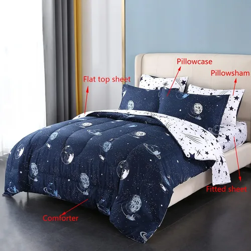 Vista 2 de Mengersi Juego de edredón de galaxia para cama Queen – 7 piezas de cama reversible con espacio de estrellas en una bolsa, juego de ropa de cama
