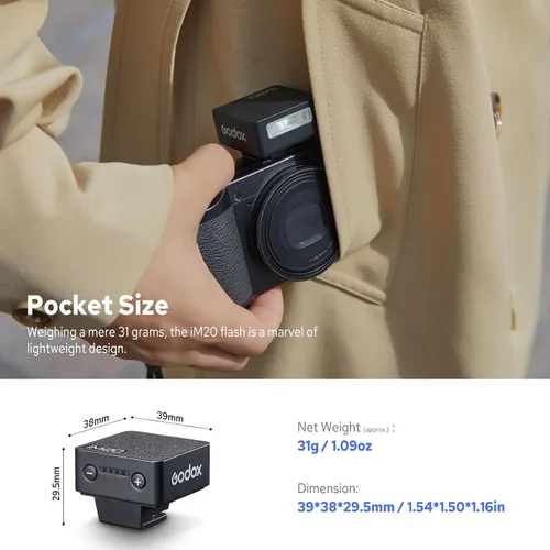 Vista 3 de GODOX iM20 Mini Flash para cámara, GN10 Godox Mini Flash, batería 440 destellos de potencia completa, carga USB-C, 5 niveles de potencia