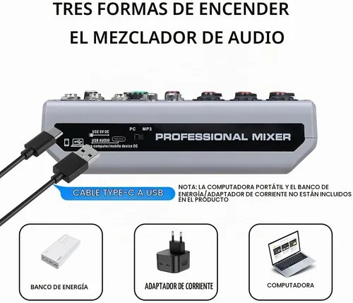 Vista 9 de BOMGE Mezclador de audio, consola de mezcla de tablero de sonido con 5 canales digitales USB Bluetooth, efecto de eco y retardo, alimentación
