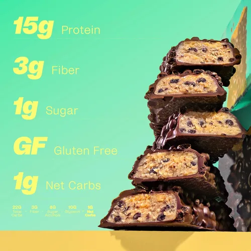 Vista 5 de Misfits Barras de proteínas veganas, paquete de chips de chocolate con caramelo y menta, paquete de 24