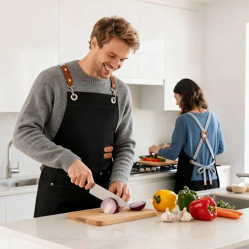Vista 4 de GNDKDY Delantal de chef con bolsillos, delantal de trabajo negro para hombres y mujeres, delantales de cocinajardineríapeluquería para cocinar