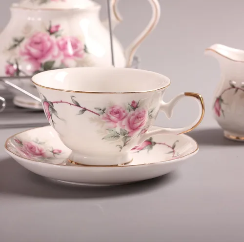 Vista 2 de Juego de tazas de café europeas de China de 15 piezas, juego de tazas de té de porcelana de cerámica con soporte de metal, juegos de regalo de té