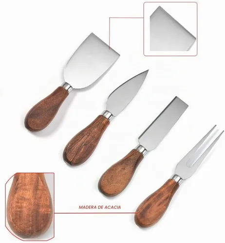 Vista 9 de Exquisito juego de cuchillos de queso de 4 piezas, colección completa de cuchillos de queso de acero inoxidable (mango de madera de acacia), listo