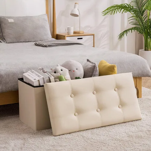 Vista 2 de YOUDENOVA Otomana plegable de almacenamiento, otomana de piel sintética, reposapiés otomano, asiento acolchado para dormitorio y sala de estar, Beige