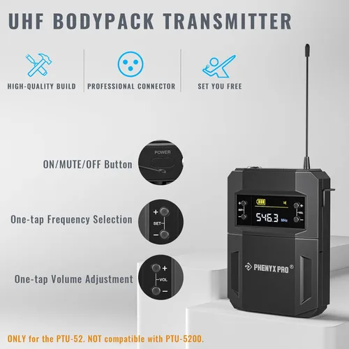 Vista 7 de Phenyx Pro Sistema de micrófono inalámbrico UHF PTU-52-2B Bundle con transmisor BodyPack PWB-52